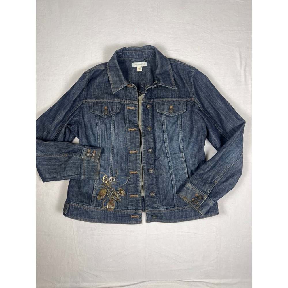 VTG Coldwater Creek Denim Jacket W 10 Beaded‎ Sequin Jean Jacket Y2K 00s Gilmore